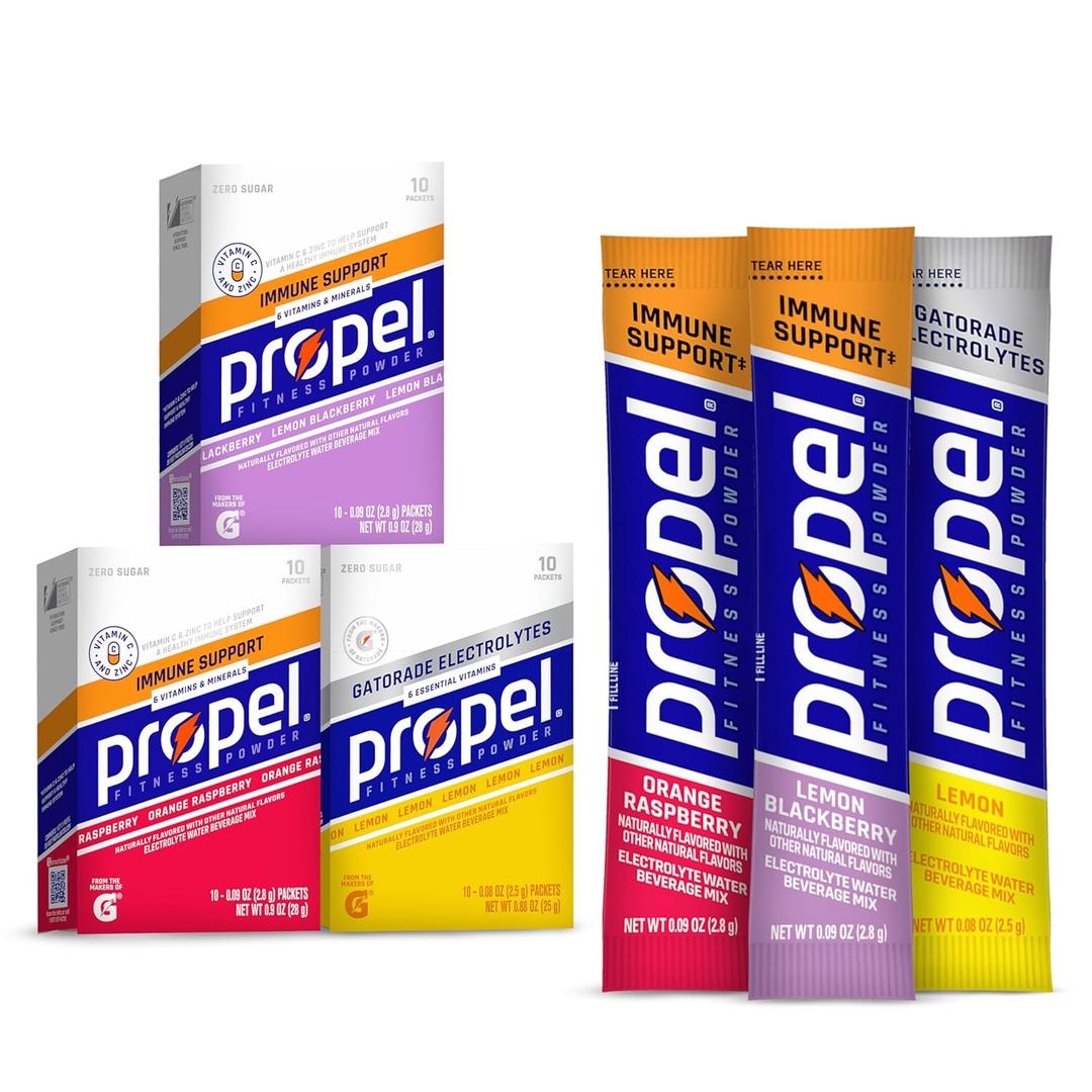 Propel Immune Support Electrolyte Enhanced Water Drink Mix Powder Packets, Variety Pack, 100% DV Vitamin C, Good source of Zinc, Zero Sugar Hydration with Electrolytes and Vitamins (30 Packets)