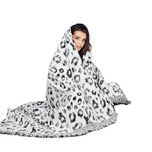 MACEVIA Boho Throw Blanket for Bed, Snow Leopard Printed Blanket, Woven Boho Blankets and Throws with Tassel for Couch Sofa, All Season Home Decor Cheetah Blanket (Snow Leopard 50"×70")