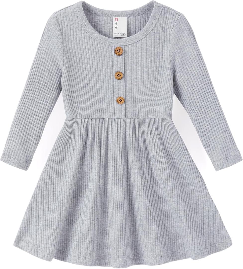 PATPAT Baby & Toddler Girl Ribbed Knit Cotton Dress  Versatile Sleeveless Summer Tank & Long Sleeve Fall Dress, Sizes 3M6Y (Gray)
