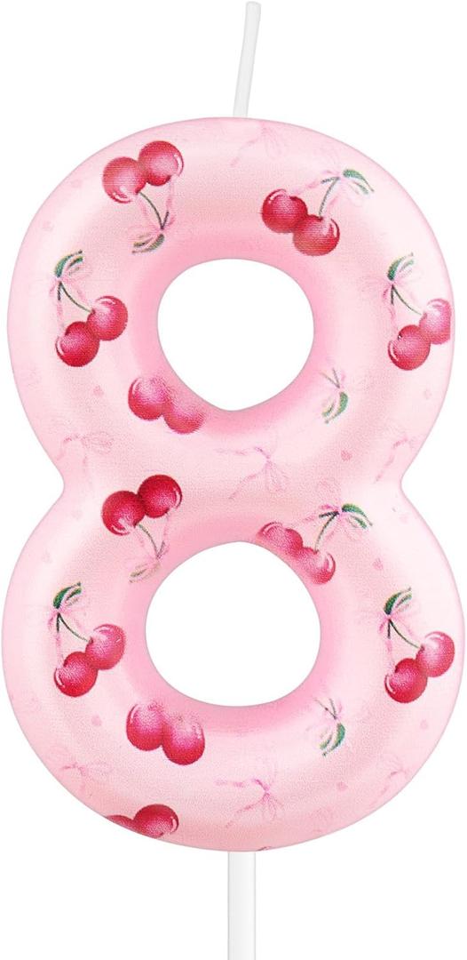 Cherry 8th Birthday Candles,Number 8 Candle for Cake,Red Glitter Fruit Theme Sweet Cherry Cupcake Picks for Baby Shower Kids Birthday Party Decorations Supplies