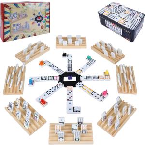 Double 12 Mexican Train Dominoes Set for Adults with 8pcs Wooden Trays, 9 Train Markers, 91 Color Dot Tile Dominos in Tin Box & Hub - Classic Family Board Game Set Party Toy Gift for Kids