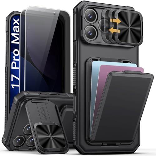SSLOTSCASE for iPhone 17 Pro Max Case with 2X Privacy Screen Protector, Card Holder & Sliding Lens Cover & Kickstand, Military-Grade Heavy Duty Phone Case Cover for iPhone 17 Pro Max 6.9'', Black