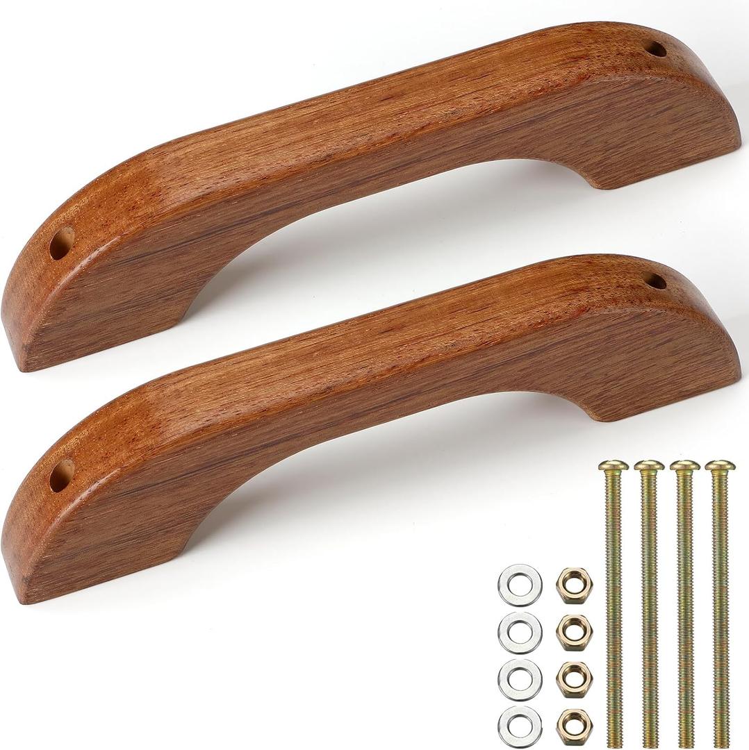 2 Pcs Teak Handrail Wooden Handles Solid Teak Grab Handle Brown Wood Handrail with Screws and Nuts for Marine RV Boating Armrest Accessories