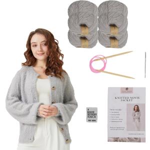 Chic Loops Knitting Kit for Beginners, Knitted Sweater Beginner Crochet Kit for Adults, Crochet Front Button Long Sleeve Cardigan Sweater for Womem with Instruction(Glacier Grey，MA)