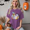 Women's Halloween Tops, Pumpkin Head Graphic Tees with Subtle Ghost Accents for Spooky Season Casual Wear (Purple, XL)
