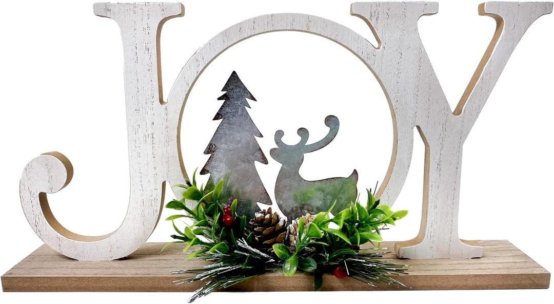 Christmas Table Decorations Joy Farmhouse Christmas Tree Elk Sign Wooden Winter Rustic Decor Vintage Holiday Block for Home Kitchen Xmas Party Mantel Tiered Tray Gift
