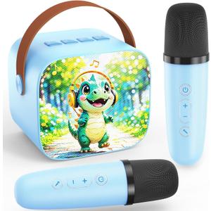 Mini Karaoke Machine for Toddlers - Easter Present Birthday Gift for 3 4 5 6 7 8 9 10 11 12 Years Old Boys and Girls, Portable Speaker Set with 2 Wireless Microphones fits Family Fun Home Party, Blue