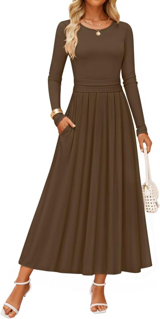 ZESICA Women's Elegant Long Sleeve Maxi Dress 2026 Spring Crewneck Knit High Waist Pleated Flowy A Line Casual Party Dresses (Brown), Large