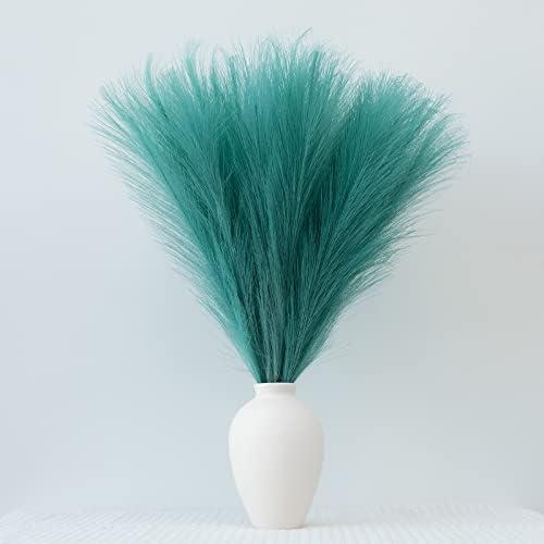 EVODIS Pampas Grass Decor, Fluffy Faux Pampas Grass 6 Stem 18"/45cm Pompous Grass Small Flower Arrangement and Vase Filler for Boho Home Wedding Decoration (Lake-Green)