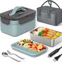 Electric Lunch Box Food Heater 100W, 4 in 1 Ultra Quick Heated Lunch Boxes for Adults 12V/24V/110V/220V Portable Food Warmer for Car/Truck/Office With Fork Spoon and Insulated Carry Bag (Mint Green)