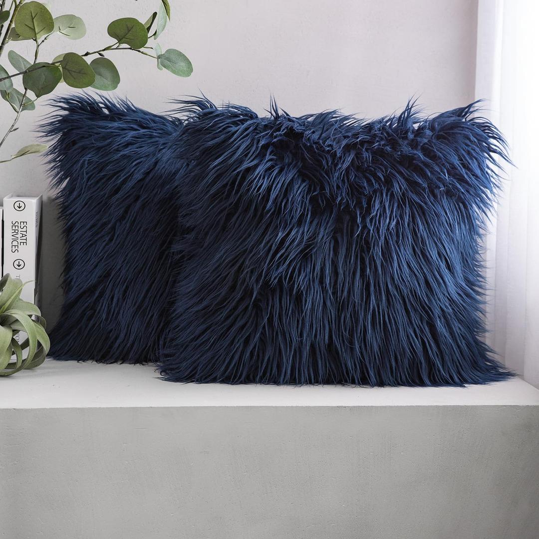 Phantoscope Pack of 2 Faux Fur Solid Throw Decorative Pillow Cover Cushion Covers Luxury Soft Decorative Pillowcase Fuzzy Pillow Covers for Bed/Couch, Navy Blue 18 x 18 Inches