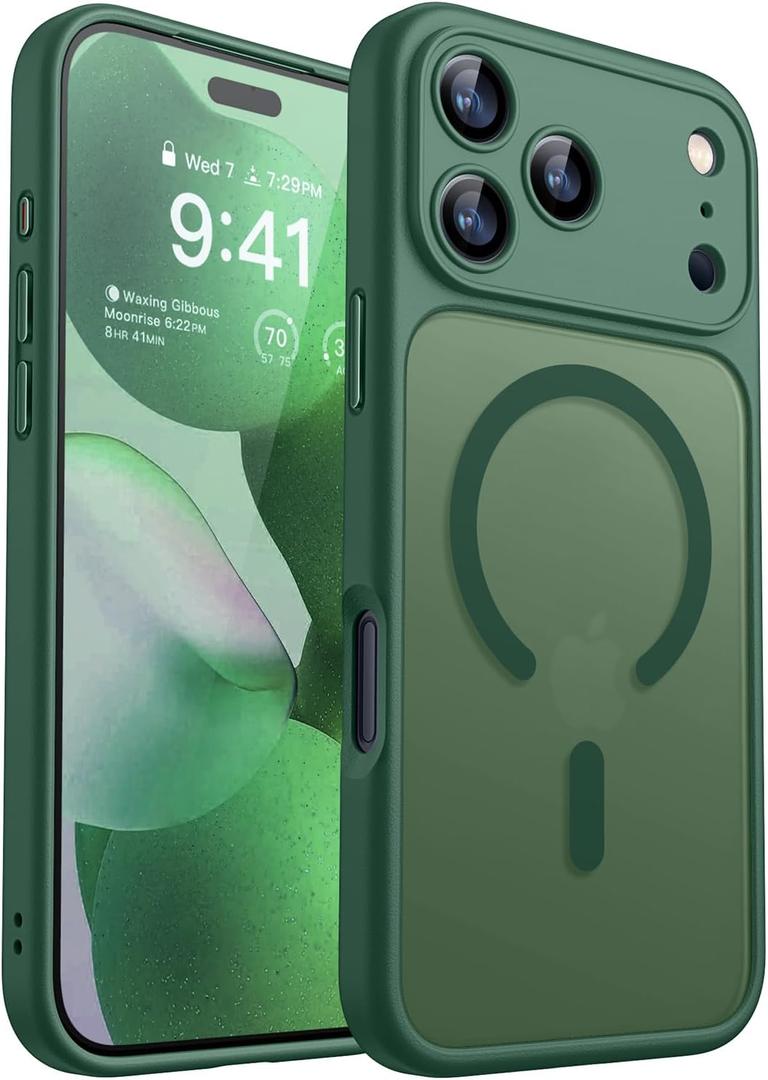 CANSHN Magnetic Compatible with iPhone 17 Pro Case, Upgraded [Full Camera Protection] [Compatible with Magsafe] [Translucent Matte] Shockproof Protective Phone Cover 6.3 Inch - Deep Green