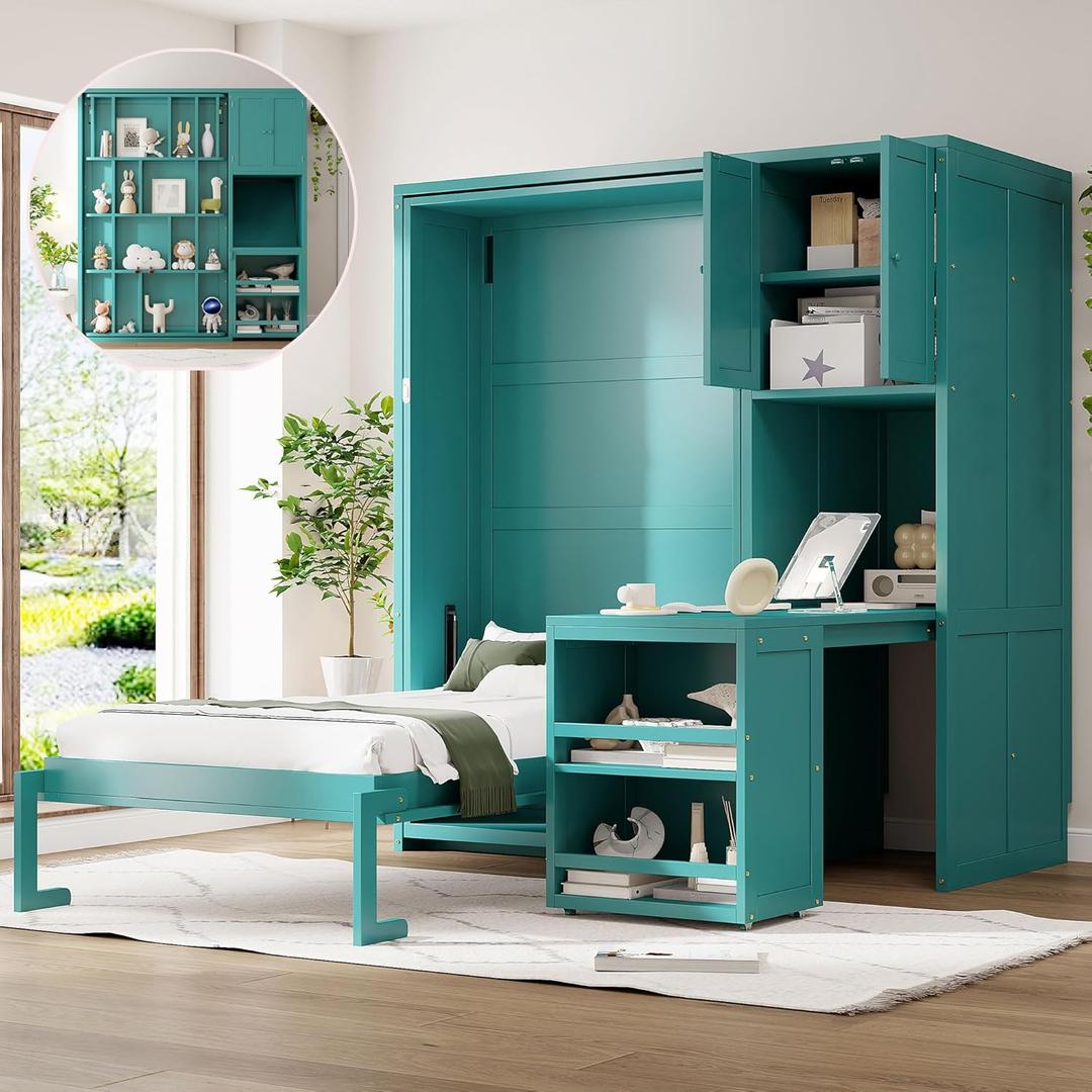 Merax Twin Size Rotating Wall Murphy Beds, Wood Folding Murphy Wall Bed with Bookshelf, Top Cabinet, Extendable Desk & Side Storage, Teal