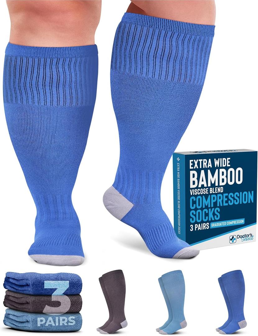 Doctor's Select 3 Pairs Compression Socks Wide Calf | Bamboo Viscose Knee High Socks for Circulation Support | Nurses, Travel, Running | Blue, Teal, Dark Gray, XXL