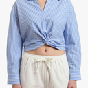 SUNNOW Women's Striped Twist Front Crop Button-Up Shirt Long Sleeve Casual Blouse Loose Fit Summer Tunic Top L