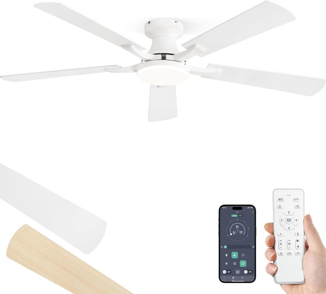 52 Inch Ceiling Fan with Light, App&Remote Control, Flush Mount Low Profile, Dimmable 20W LED Light, Quiet Reversible Motor for Bedroom, Living Room, Apartment, White 