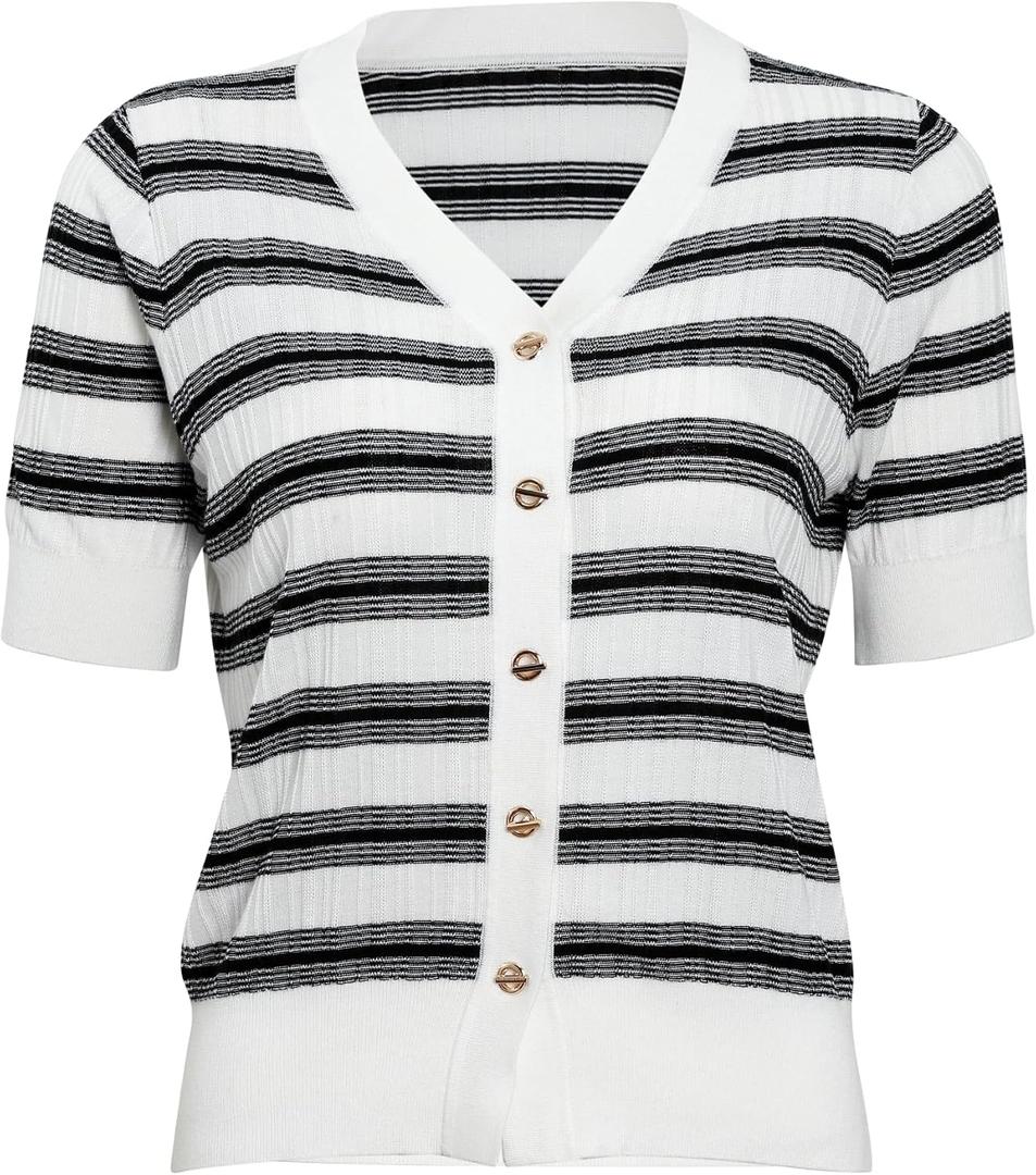 Womens Silk Button Down Shirt V-Neck Short Sleeve Lightweight Knit Cardigan Tops (White, M)
