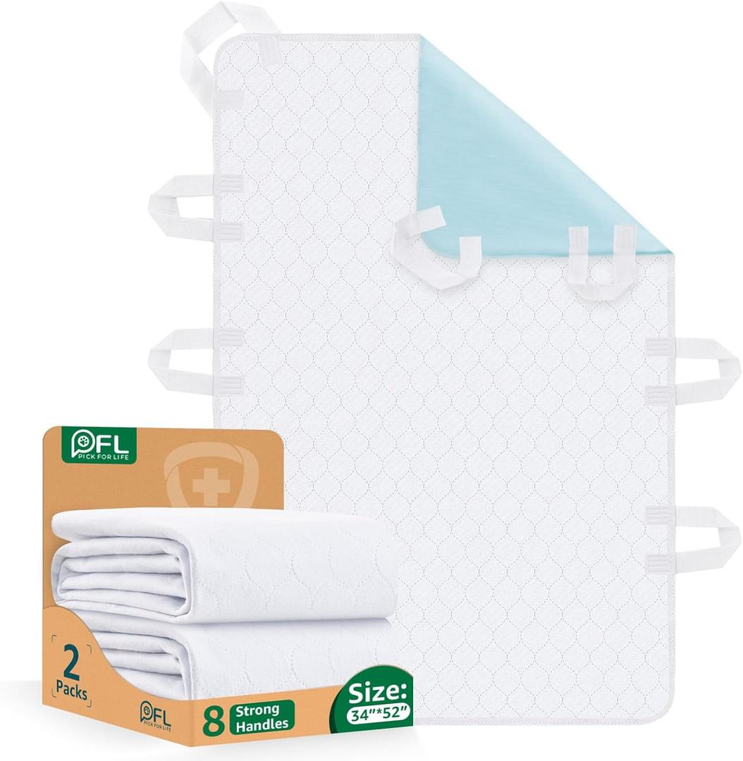 Washable Bed Pad for Incontinence: Waterproof Bed Pads with 8 Handles,2 Packs Reusable Bed Underpads, Waterproof Positioning Bed Pads for Elderly, Adult,Bedwet, Kids,Bedridden,Hospitals, 34"x52"