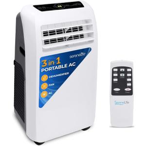 SereneLife Small Air Conditioner Portable 10,000 BTU with Built-in Dehumidifier - Portable AC unit for rooms up to 450 sq ft - Remote Control, Window Mount Exhaust Kit (White)