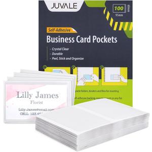 Juvale  50-Pack Clear Business Card Pockets Holders 3.75x2 In, Self-Adhesive Side Load Plastic Protector, Sleeves Labels, Bulk Set for Storage, Organization, Labeling Bins, Folders, and Files