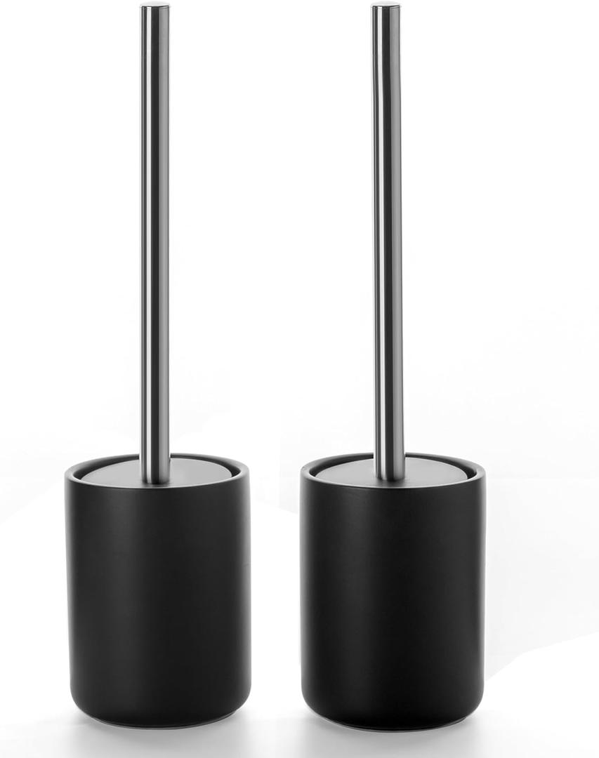 Ceramic Toilet Brush & Holder Set - Freestanding Deep-Cleaning Toilet Bowl Cleaner Brush, Stainless Steel Handle, Small & Sturdy for Storage, Easy to Clean, Non-Scratching (Matt Black)