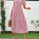 BTFBM Summer Dresses for Women 2025 Vacation V Neck Loose Short Sleeve A Line Tiered Flowy Casual Midi Beach Dress (Pink, S)