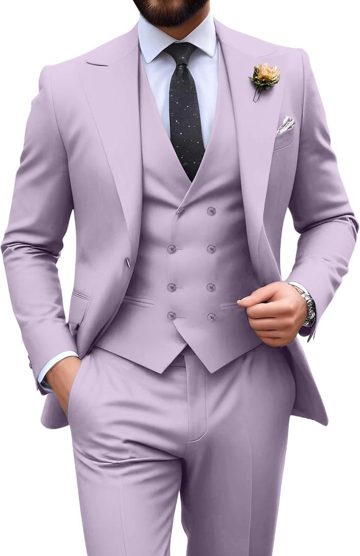 Mens Suit Slim Fit 3 Piece Double Breasted Suit Men Formal Tuxedo Set Casual Wedding Prom Groom Suits, XXL
