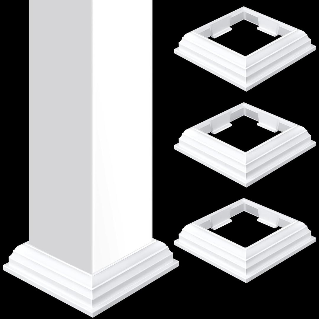 Thyle 4 Pcs True 5 x 5 Inch Vinyl Post Skirt All in one Post Base Cover Column Wraps for Porch Deck Base Vinyl Sleeve White Trim for Wood Hand and Stair Rails Decks, Fences, Mailboxes