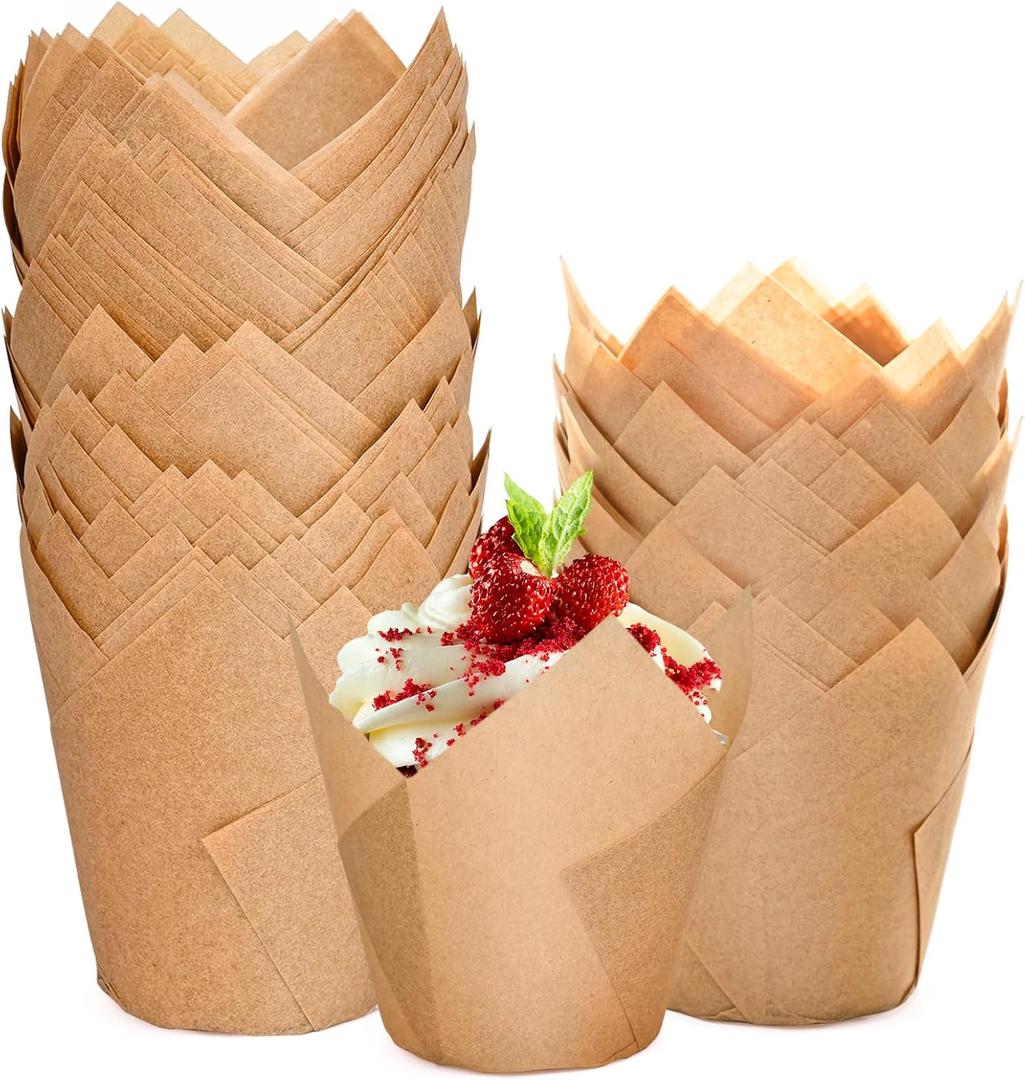 200pcs Natural Tulip Cupcake Liners, Premium Muffin Liners Holders for Baking Cups, Greaseproof Cupcake Wrappers in Standard Size, Classic Parchment Paper Cupcakes Liner by JIRNGLA