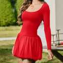 HYPERFIRE Women's Elegant Long Sleeve Scoop Neck Puff Bubble Mini Cocktail Dress Party Club (Red)