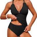 ZAFUL Womens Tankini Swimsuits Smocked 2 Piece Bathing Suits Modest Tie Back Swimwear (Black, S)