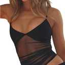 SOLY HUX Women's Sheer Mesh Cami Tops V Neck Spaghetti Strap Ruched Y2k Going Out Crop Top (Plain Black, Small)