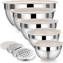 P&P CHEF Mixing Bowl with Lid Set, 5 Piece Stainless Steel Mixing Nesting Bowls for Salad Storage, 3 Grater Attachments & Non-Slip Bottoms, Size 1/1.5/2 / 2.6/4.6 QT, Khaki