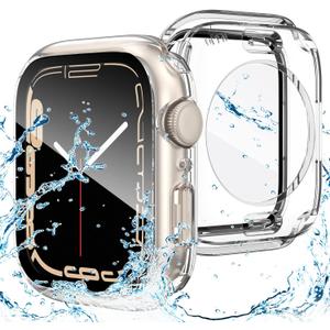 Goton 2 in 1 Waterproof Case for Apple Watch Series 9 8 7 Screen Protector 45mm, 360 Protective Glass Face Cover Hard PC Bumper + Back Frame for iWatch Accessories 45 mm (Clear)