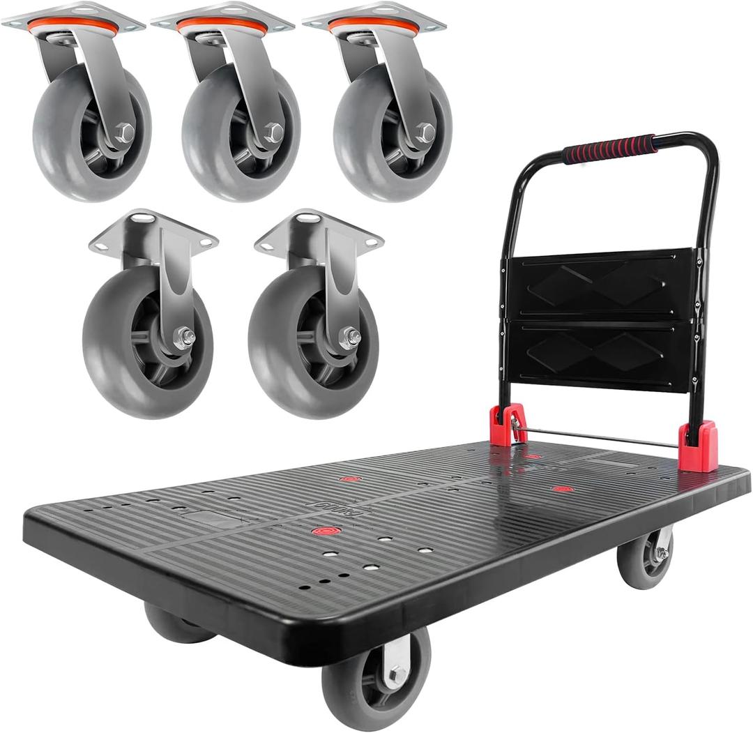 Platform Truck, Foldable Push Cart Dolly w/Five 360 Swivel 6'' Wheels, 1600LBS Capacity Heavy Duty Moving Platform Trucks Hand Cart for Groceries, Garage, Warehouse (43" L x25" W)