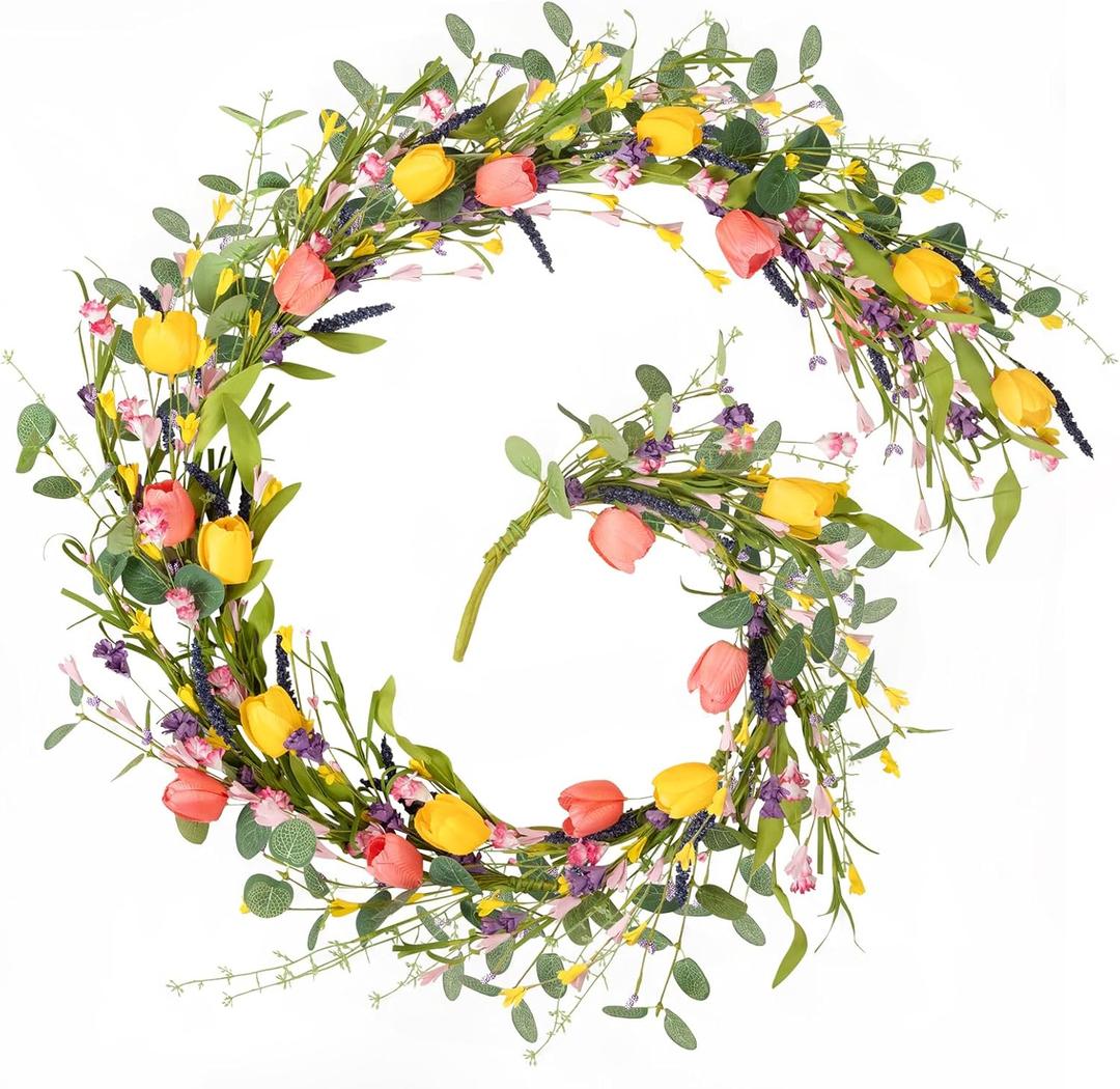 HOHOTIME 6FT Tulip Flower Garland with Eucalyptus, Artificial Spring Floral Vines for Mantle Wedding Porch Staircase Indoor Decor, Fake Wildflower Home Decoration (Pink Yellow Tulip)