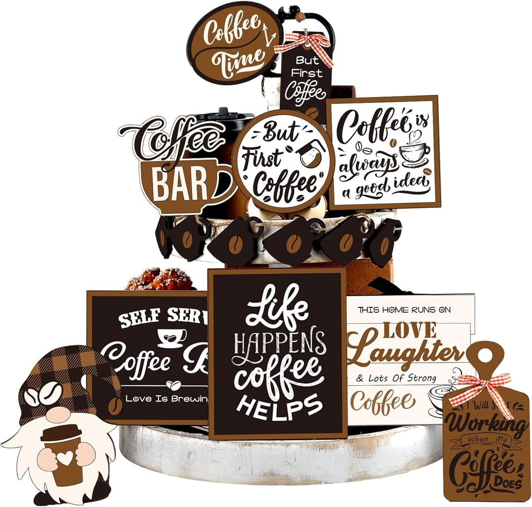 Thyle 16 Pcs Fall Coffee Tiered Tray Decor Set Coffee Bar Wooden Signs Rustic Decorations Farmhouse Table Ornament for Station Bar Tray Shelf