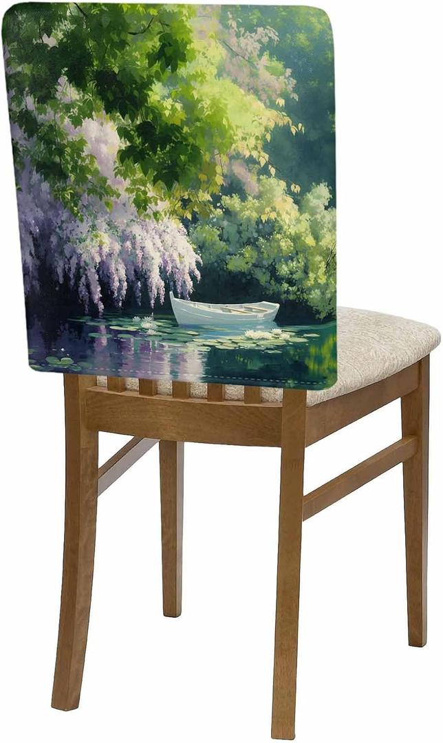 Dining Chair Cover Set of 3, Removable Chair Back Covers Green Tree Leaf Flower Boat on Lake Washable Kitchen Chairs Slipcover for Home Dining Room Office Hotel Natural Forest Landscape (Seagreen Lavender White)