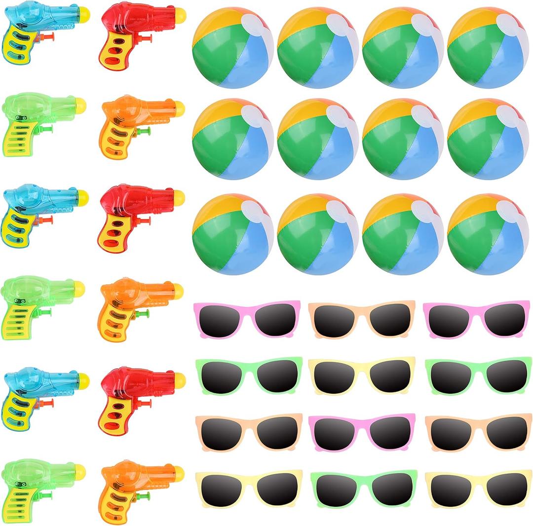 PROLOSO Neon Kids Sunglasses,Inflatable Beach Balls & Squirt Water Guns Fun Beach and Pool Party Favors Bulk Pack of 36