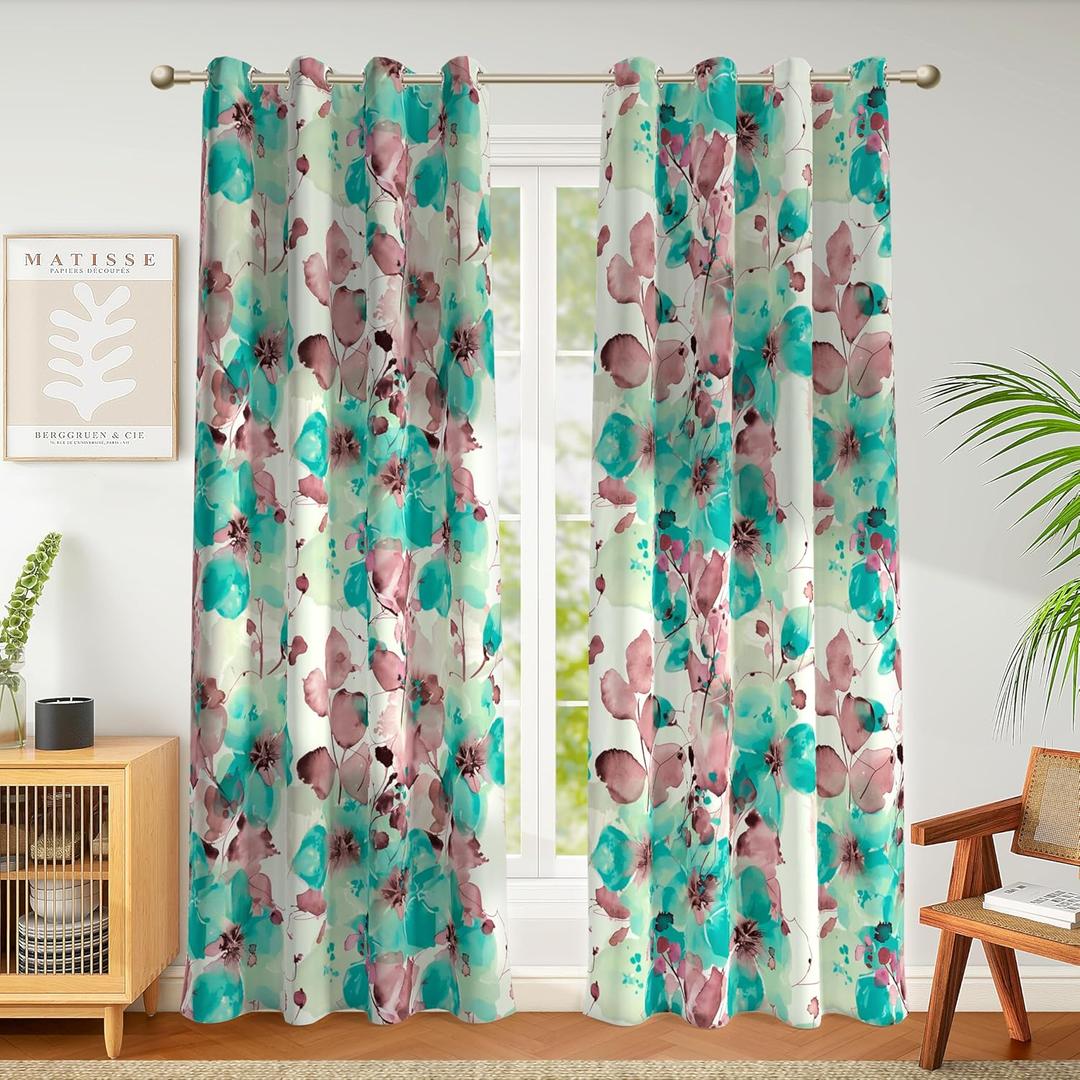 weesire 2 Pack 100% Blackout Boho Floral Curtains, Teal Flower Pattern, 52x96 Inches, Living Room & Bedroom