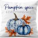 Fall Throw Pillow Cover 16x16 Inch  White Linen Decorative Cushion Cover with Blue Pumpkins and Orange Leaves  Double-Sided Print, Autumn Farmhouse Pillowcase for Couch Sofa Bed