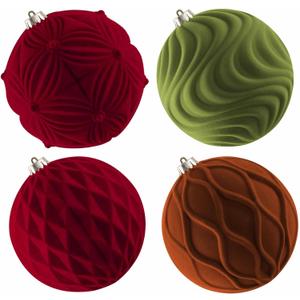 Lanpn 4 Pcs 6" Large Christmas Ornaments, Oversized Velvet Xmas Tree Ball, Big Flocked Christmas Tree Ornament, Shatterproof Plastic Balls for Lawn Yard Holiday Hanging Decor, Multicolor (Burgundy-Brown-Green)