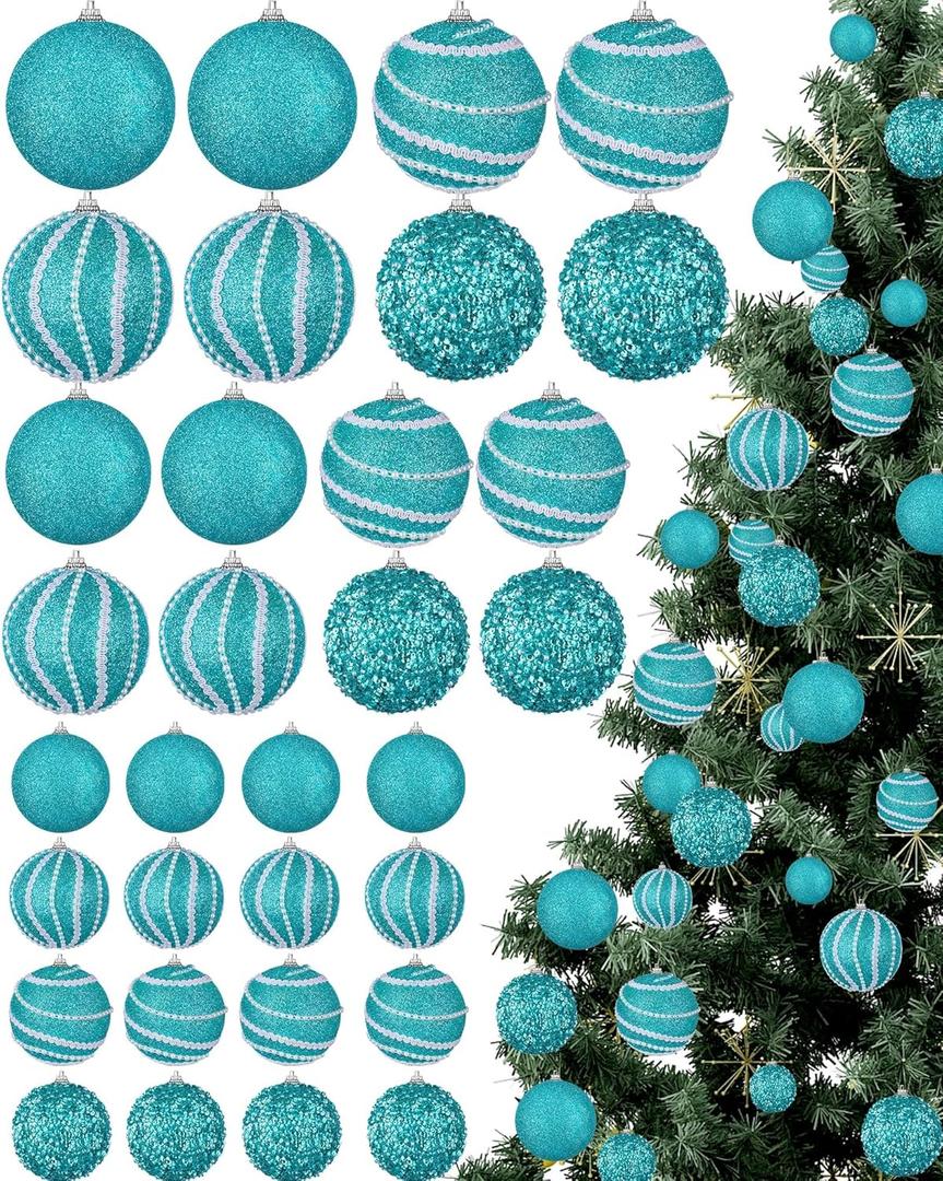 32 Pcs Christmas Hanging Balls - 3 Size Glitter Pearl & Sequin Xmas Tree Ornaments Pearl Balls for Thanksgiving Day Xmas Trees Wreath Garland Holiday Party(Turquoise)