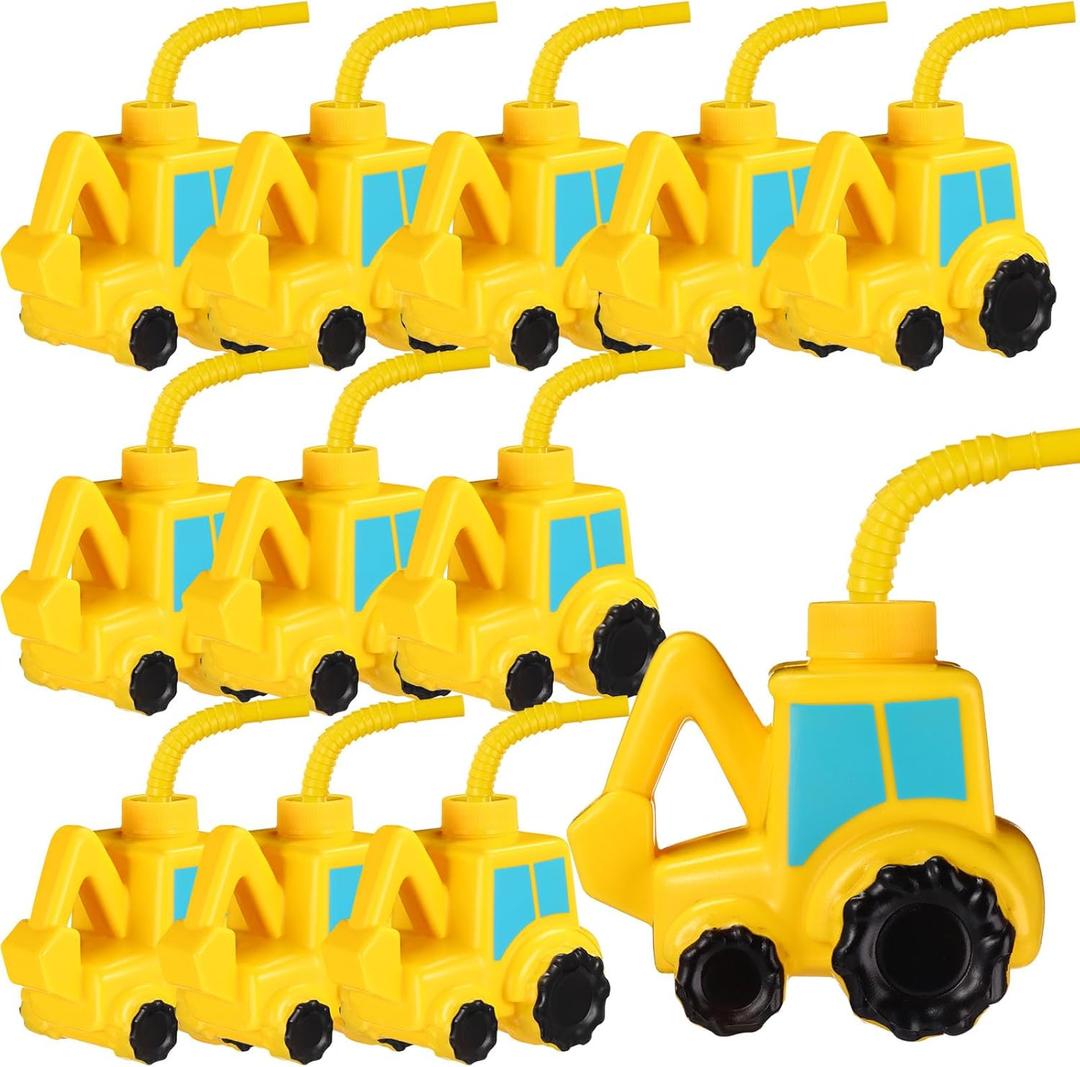 Tanlade 12 Set Excavator Truck Cups with Straws, Tractor Birthday Party Decorations 10 oz Plastic Excavator Shape Cup Reusable Cups Construction Themed Party Favor for Kids Construction Car
