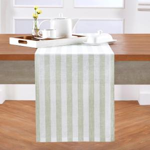Solino Home Linen Table Runner 120 Inches Long - Sorrento Stripe, 100% Pure Linen Sage and White Table Runner 14 x 120 Inch for Dining, Summer