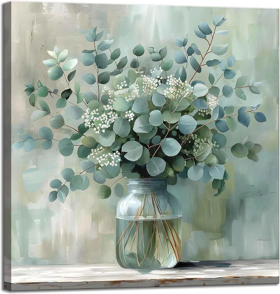 Eucalyptus Flower Glass Vase Canvas Wall Art Bathroom Decor Country Style Wall Decor Pictures Farmhouse Vintage Artwork Green Botanical Posters Prints for Bathroom Bedroom Decoration