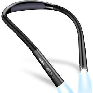 Gritin Book Light, Eye Caring 4-Color & 5-Brightness Neck Light Reading Light- Stepless Dimming,30-min Timer,80+ Hrs Runtime,Bendable Round Neck Design, Lightweight for Reading-Black