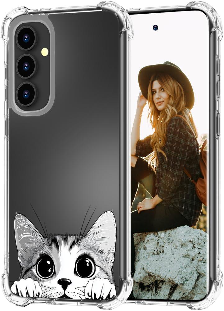 Hungo Compatible for Samsung Galaxy S23 FE Case for Women Girls Clear Design Cute,Girly S23FE Protector Lovely Kawaii Cat Animal Peeking