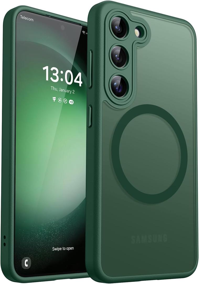 CANSHN Designed for Samsung Galaxy S23 Case [Full Camera Protection] [Compatible with MagSafe] Translucent Matte Shockproof Protective Phone Cover 6.1 Inch - Deep Green