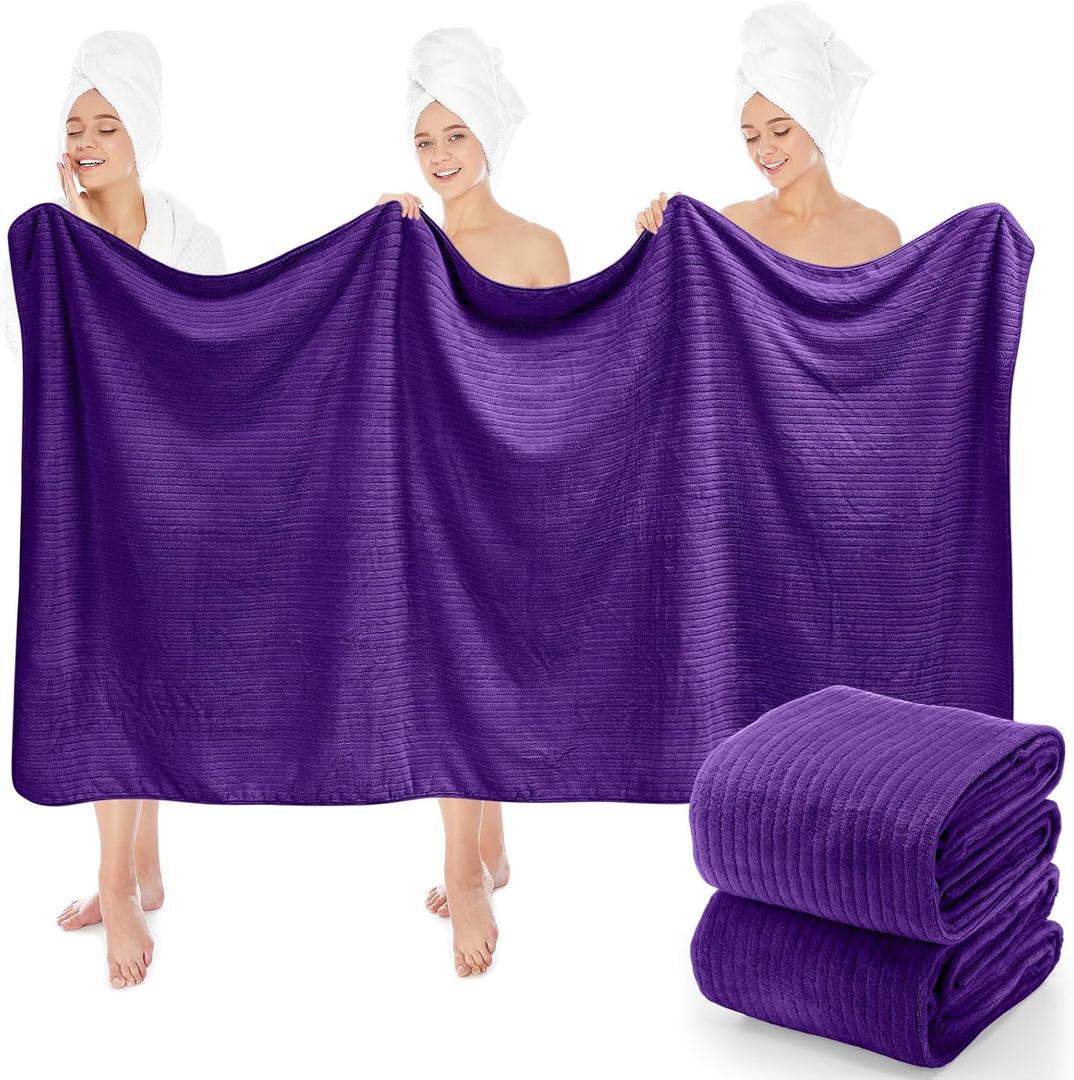 2 Pcs Extra Large Bath Sheets 40 x 80in Oversized Jumbo Bathroom Towel Giant XXL Coral Fleece Beach Sheets Soft Quick Dry Absorbent with Hanging Loop (Purple)